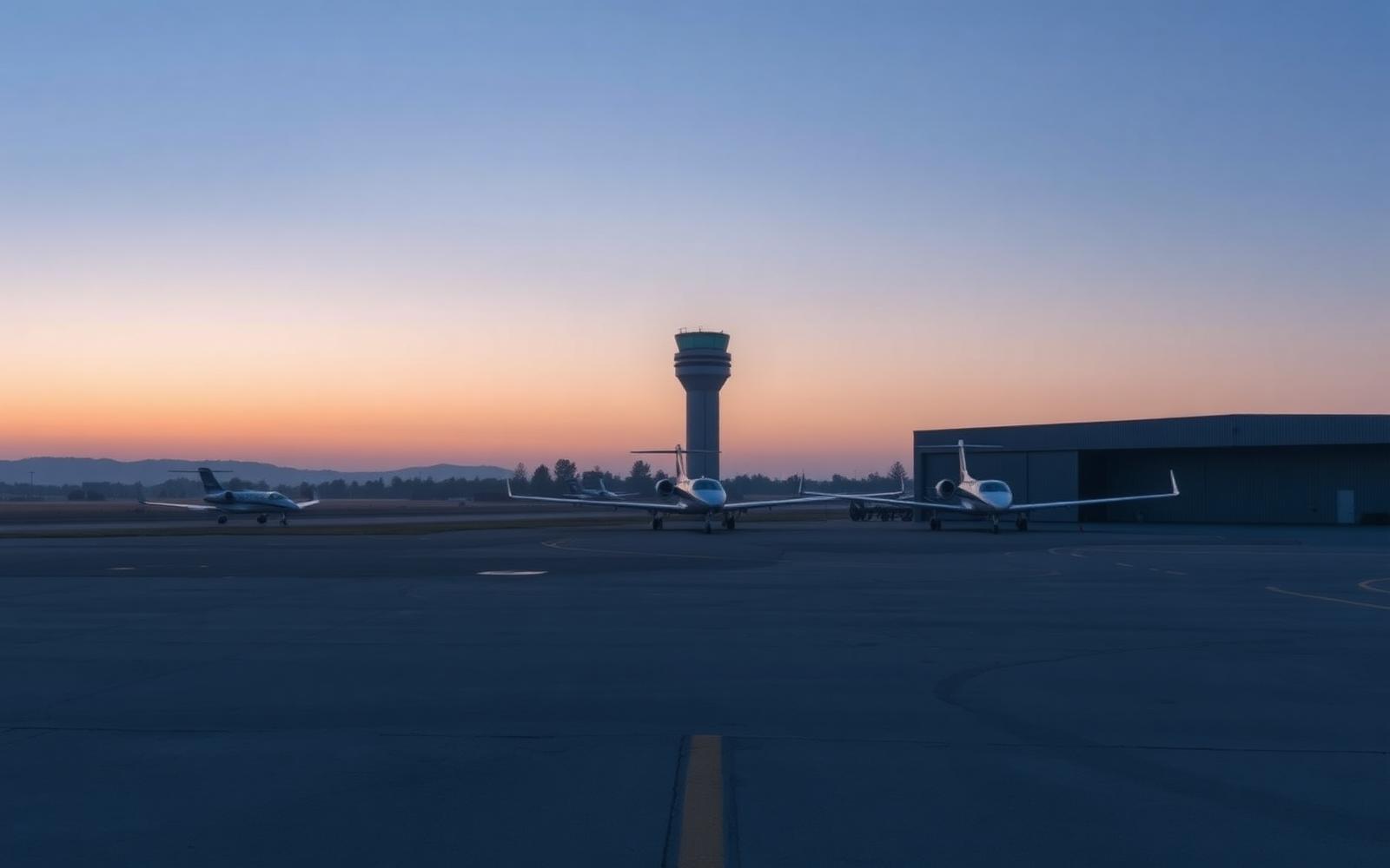 A quiet regional private aviation ramp at dawn