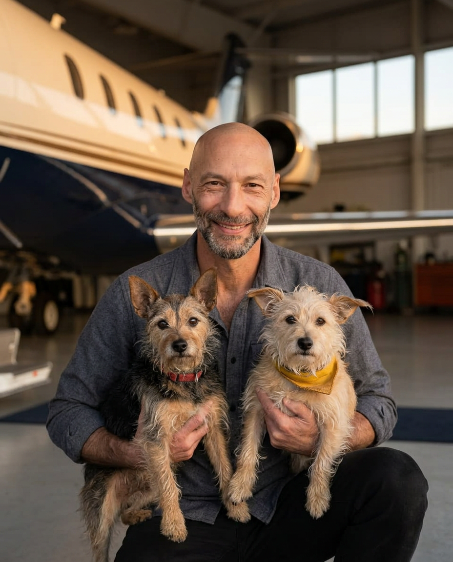 Franco Cefalo with his two terriers in a hangar